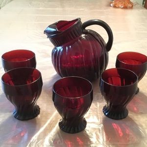 Vintage Red pitcher and 5 goblets
